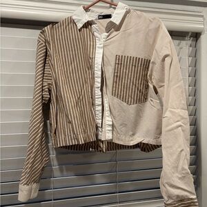 Striped biege Brown and Cream button down crop shirt